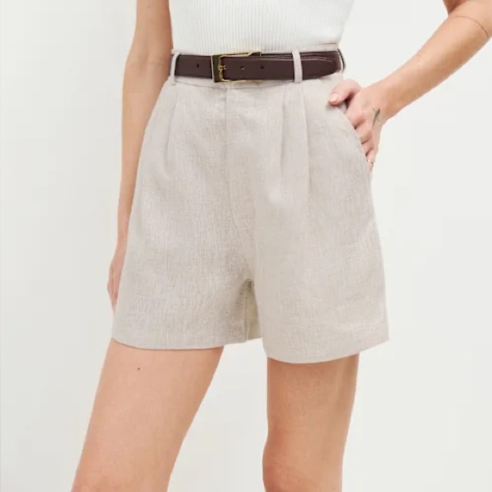 Reformation High-Waist Pleated Linen Blend Shorts in Light Beige